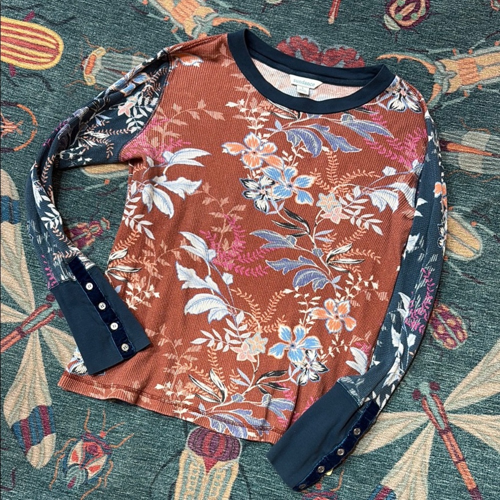 Sundance Floral Long Sleeve Thermal Top - Rust & Navy L